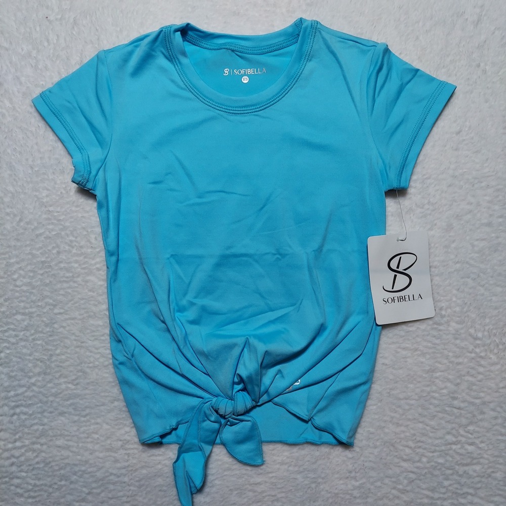 Sofibella Short Sleeve Tie Top Womens XS Blue New Athletic Crew Neck 4047